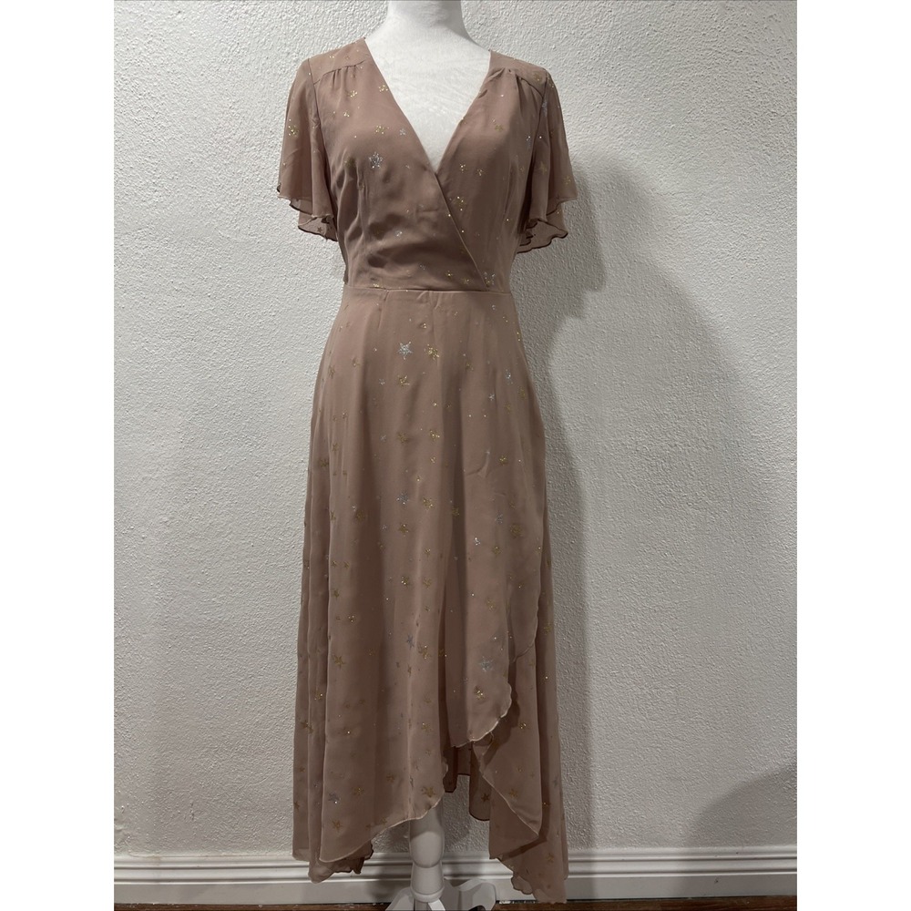 Nasty Gal Womens Sheer Metallic Star Short Sleeve Midi Wrap Dress Brown Size 6